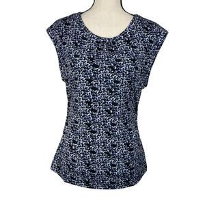 Tahari Medium Top Abstract Ruched Stretch Pleated Neck Cap Sleeves Navy Blue